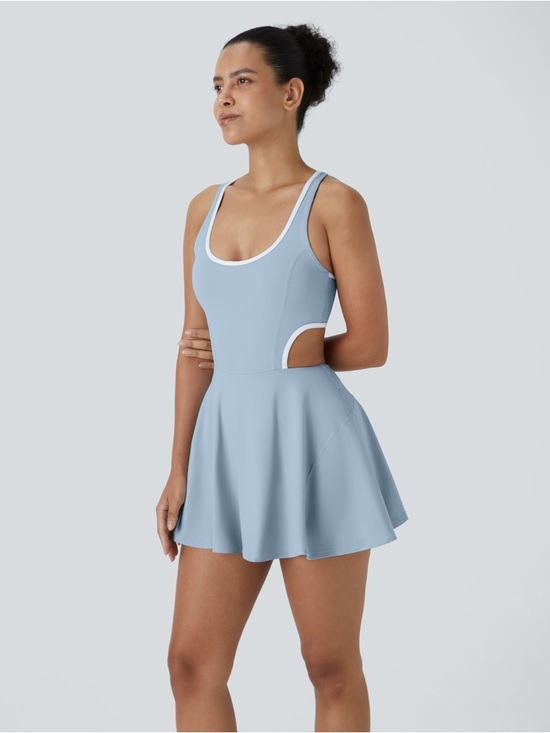 HALARA Dresses & Skirts - HALARA Light Blue & White Scoop Neck Mini Dress with Cutout Skirt